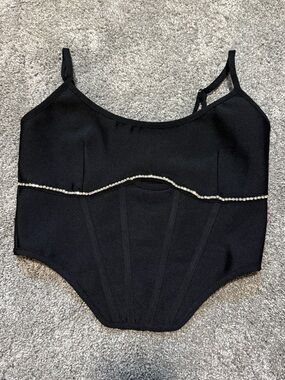 Superdown Black Rhinestone-Trim Corset Crop Top
